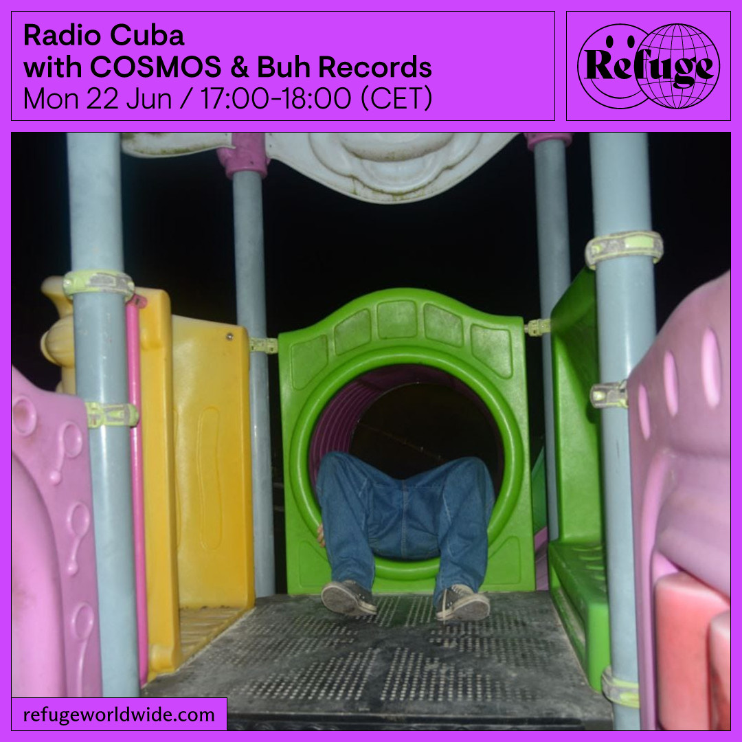 An info graphic stating the date and time of the Buh Records broadcast, over a photo of a pair of legs hanging out of a colorful plastic slide.